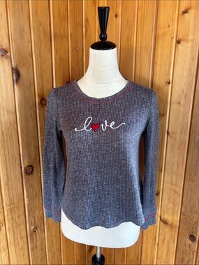 Laura Ashley Gray Long Sleeve Knit Top with Red Heart Accent